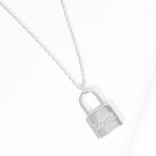 LOVE White Gold Dipped Metal Lock Pendant Necklace