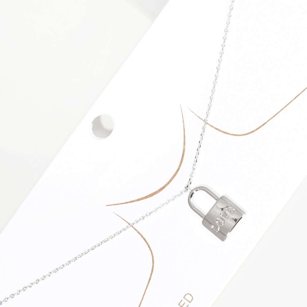 LOVE White Gold Dipped Metal Lock Pendant Necklace