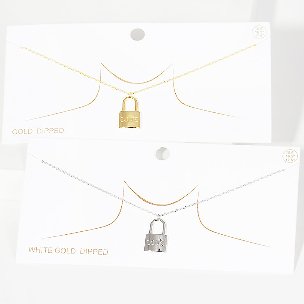 LOVE White Gold Dipped Metal Lock Pendant Necklace