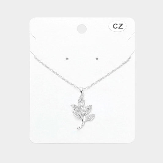 Madeline Love Rhodium CZ Stone Paved Leaf Pendant Necklace - Jewelry