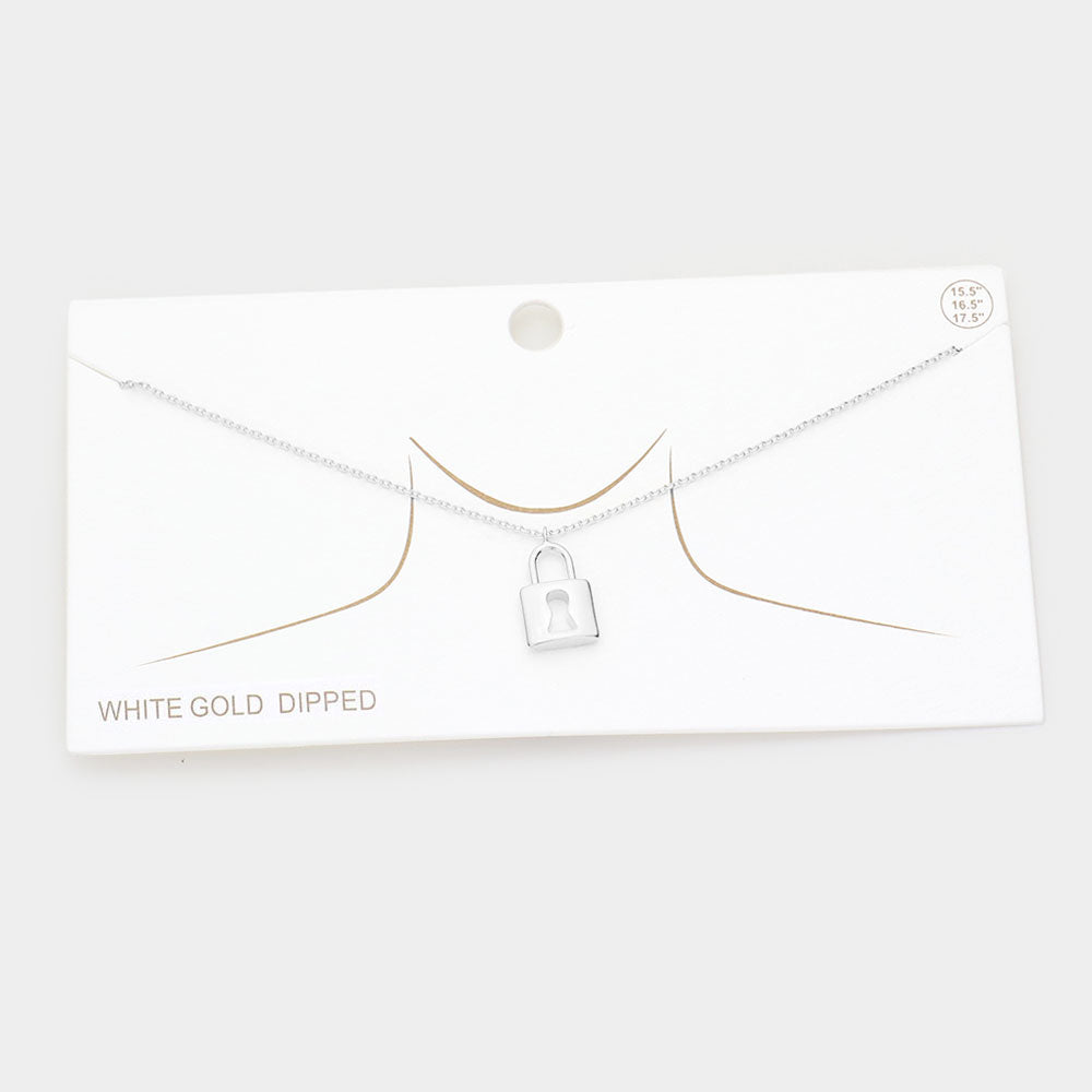 Madeline Love Rhodium White Gold Dipped Metal Lock Pendant Necklace - Necklaces