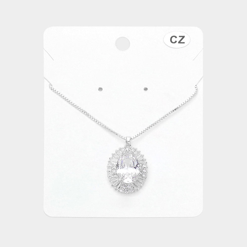 Madeline Love Rhodium Oval CZ Stone Pointed Pendant Necklace - Jewelry