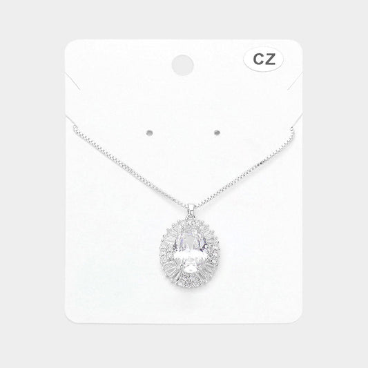 Madeline Love Rhodium Oval CZ Stone Pointed Pendant Necklace - Jewelry