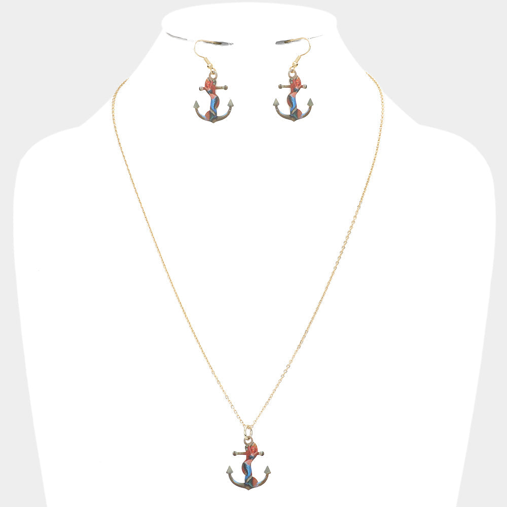 Gold Mermaid Printed Anchor Pendant Necklace
