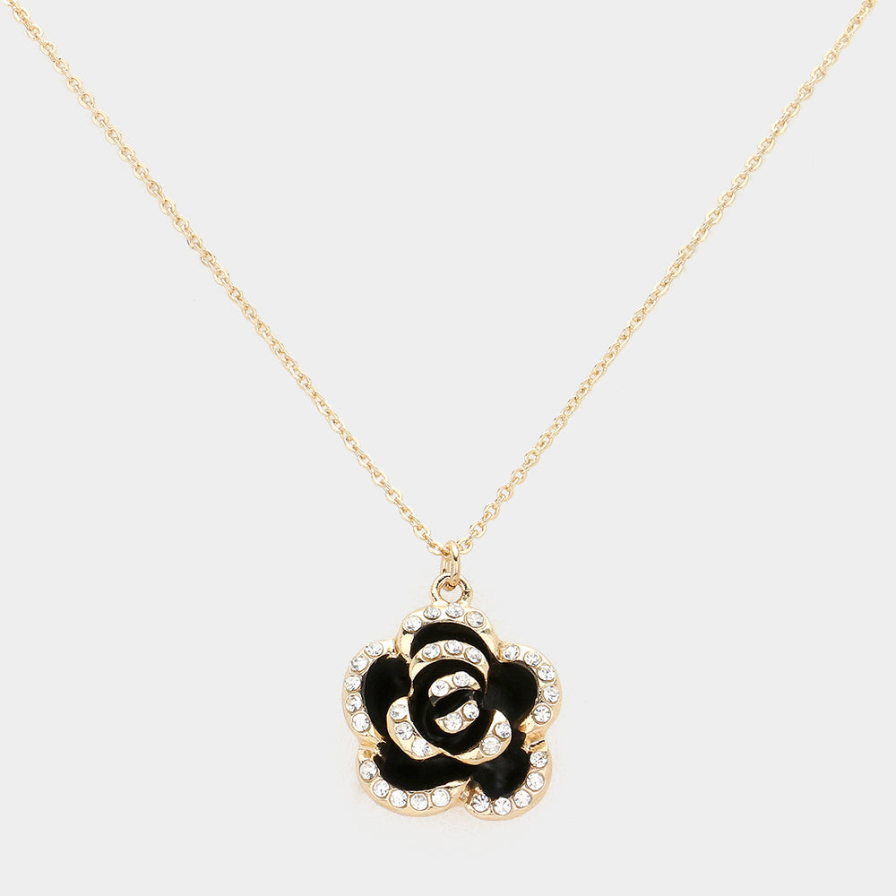 Madeline Love Black, Gold Stone Paved Rim Enamel Rose Pendant Necklace - Jewelry