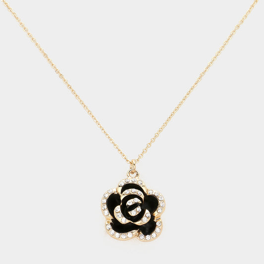 Madeline Love Black, Gold Stone Paved Rim Enamel Rose Pendant Necklace - Jewelry