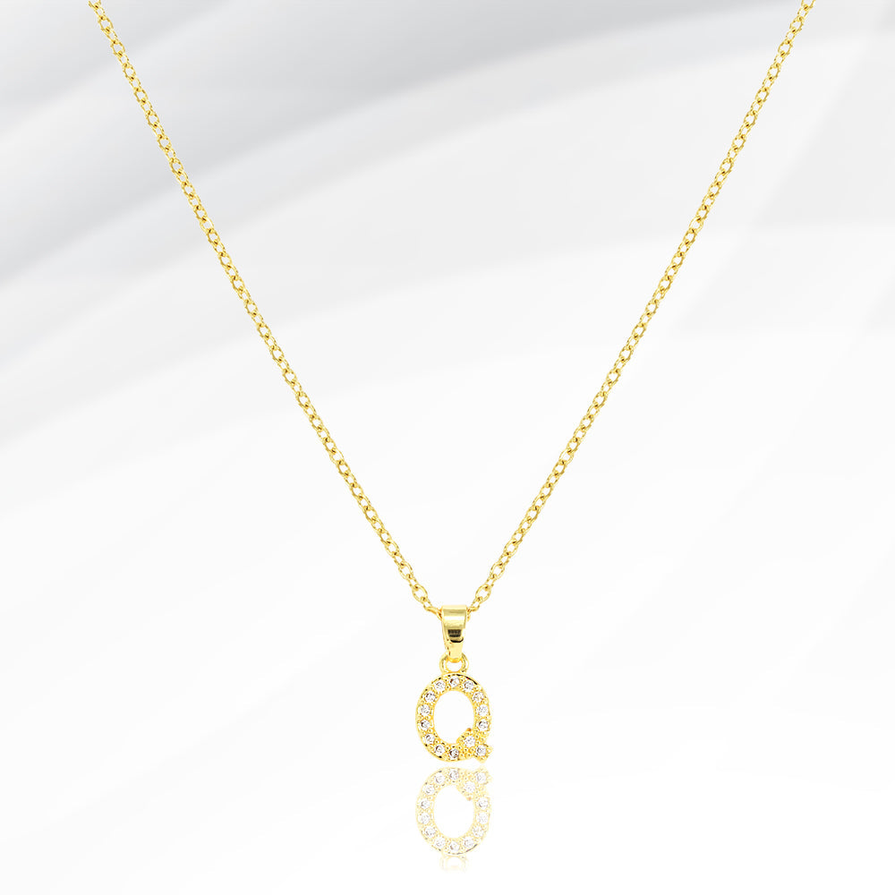 Madeline Love Gold -Q- Stainless Steel CZ Stone Paved Initial Monogram Pendant Necklace - Jewelry