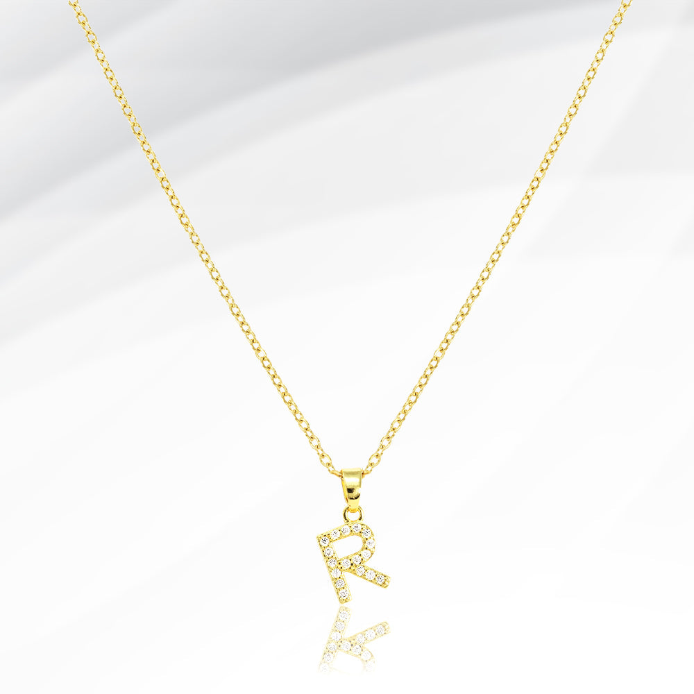 Madeline Love Gold -R- Stainless Steel CZ Stone Paved Initial Monogram Pendant Necklace - Jewelry