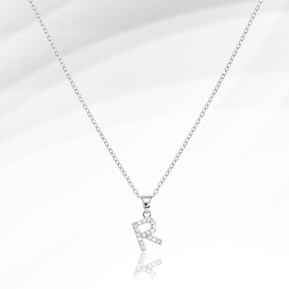 Madeline Love Silver -R- Stainless Steel CZ Stone Paved Initial Monogram Pendant Necklace - Jewelry