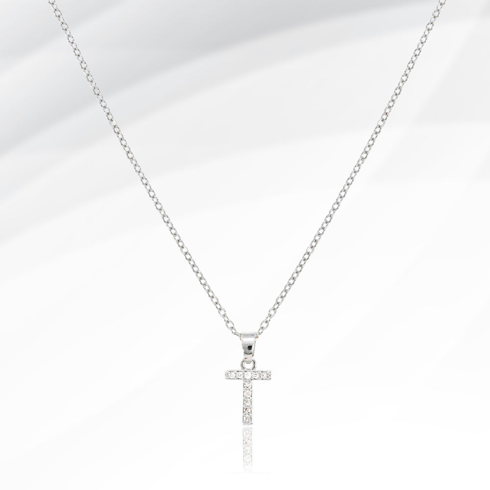 Madeline Love Silver -T- Stainless Steel CZ Stone Paved Initial Monogram Pendant Necklace - Jewelry