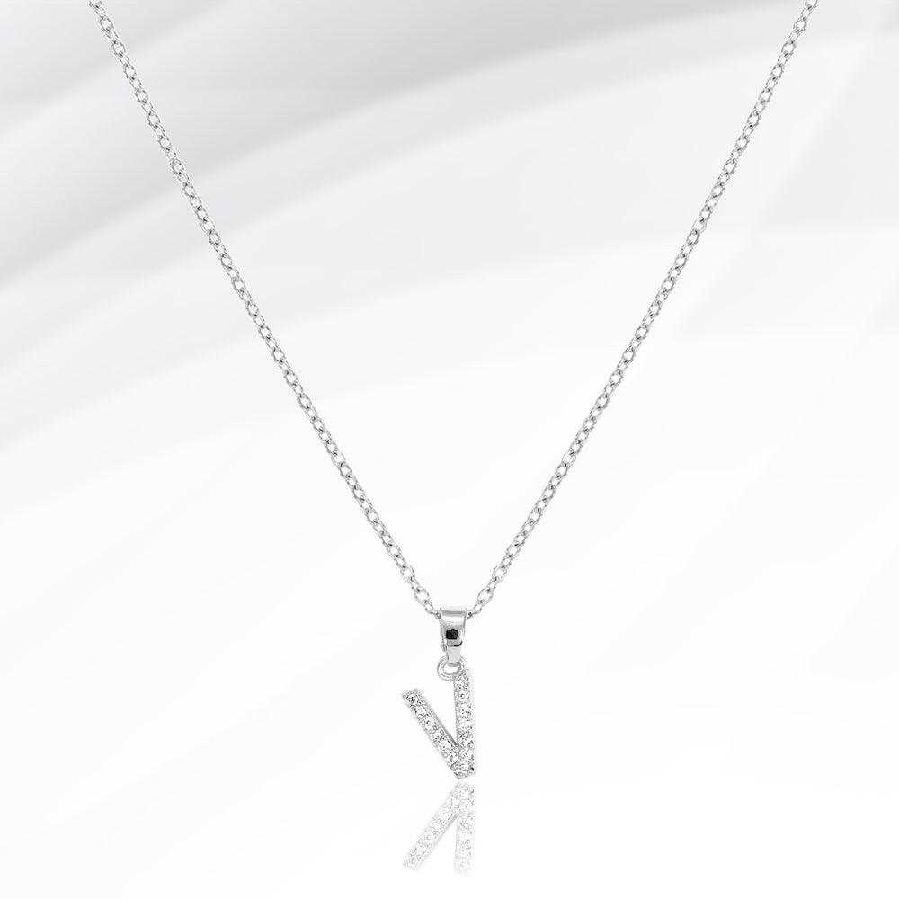 Madeline Love Silver -V- Stainless Steel CZ Stone Paved Initial Monogram Pendant Necklace - Jewelry