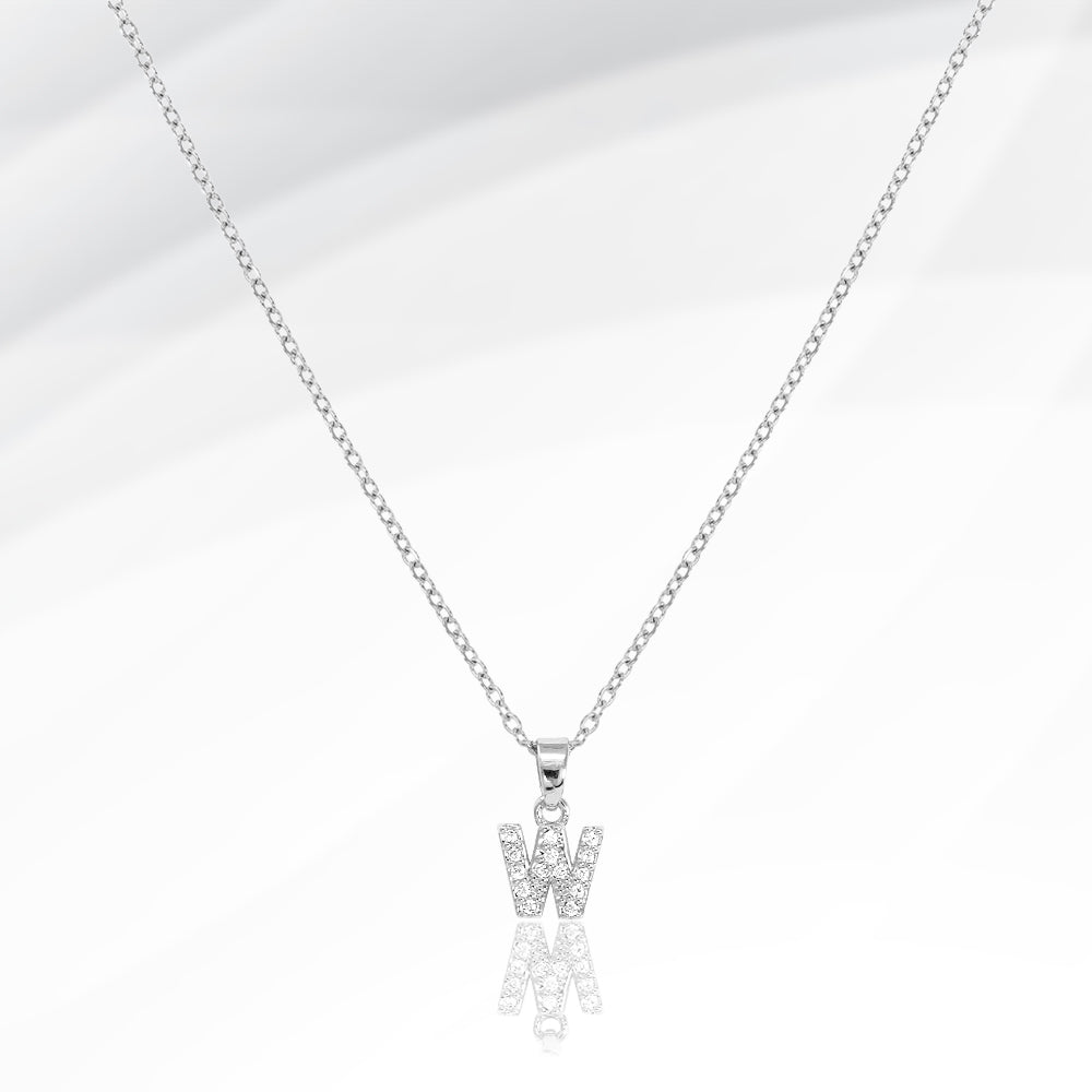 Madeline Love Silver -W- Stainless Steel CZ Stone Paved Initial Monogram Pendant Necklace - Jewelry