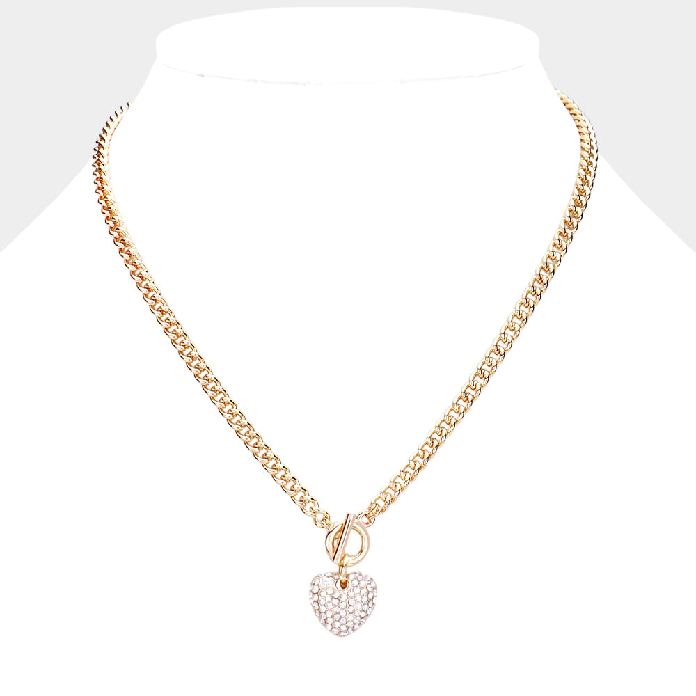 Madeline Love Clear, Gold Crystal Rhinestone Pave Heart Pendant Toggle Necklace - Necklaces
