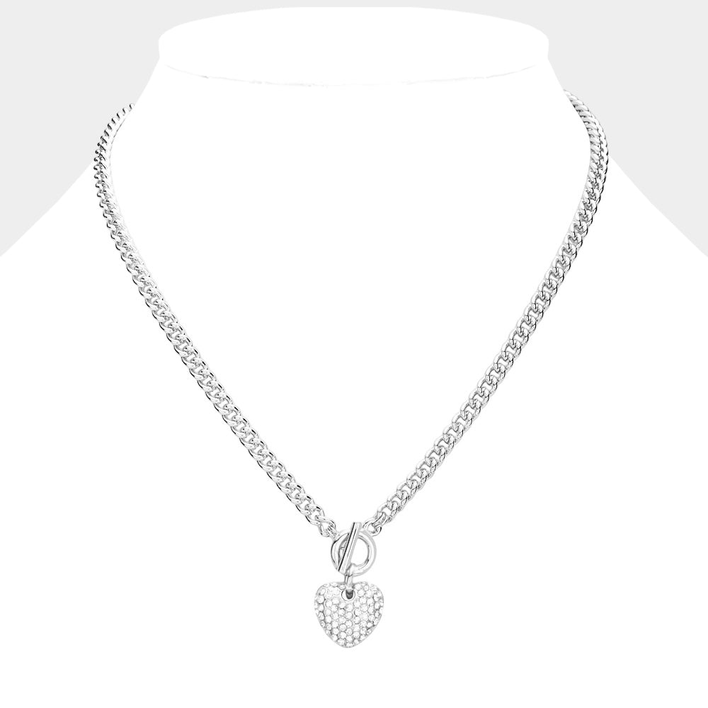 Madeline Love Clear, Rhodium Crystal Rhinestone Pave Heart Pendant Toggle Necklace - Necklaces