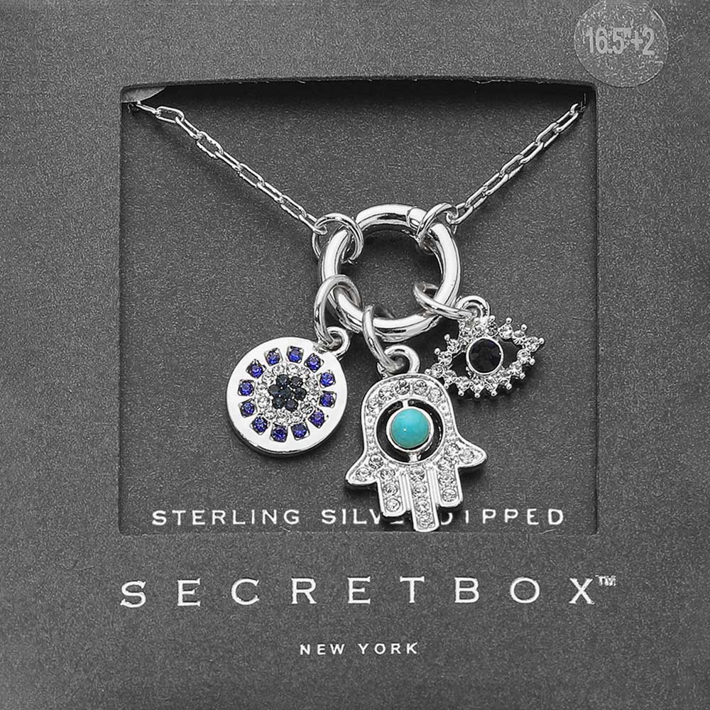 Madeline Love Silver SECRET BOX_Sterling Silver Dipped Interchangeable Hamsa Hand Evil Eye Round Charm Pendant Necklace - Jewelry