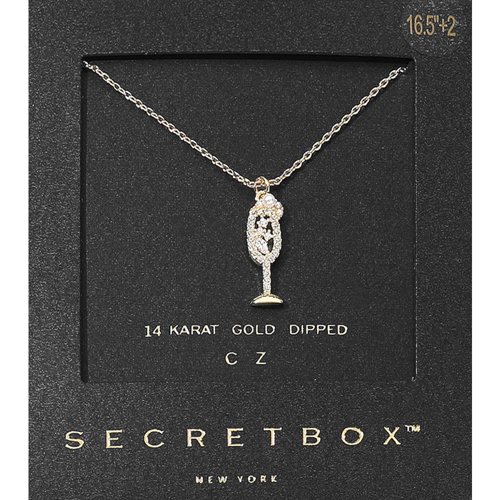 Madeline Love Gold SECRET BOX_14K Gold Dipped CZ Stone Pearl Paved Champagne Glass Pendant Necklace - Jewelry