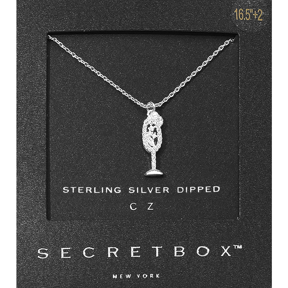 Madeline Love Silver SECRET BOX_Sterling Silver Dipped CZ Stone Pearl Paved Champagne Glass Pendant Necklace - Jewelry
