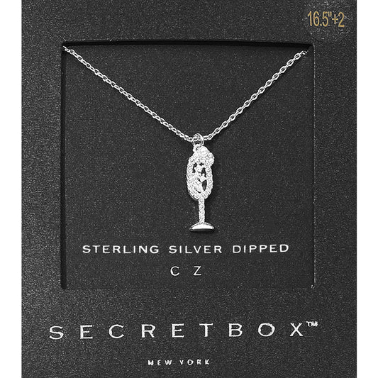 Madeline Love Silver SECRET BOX_Sterling Silver Dipped CZ Stone Pearl Paved Champagne Glass Pendant Necklace - Jewelry