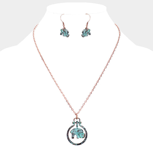 Madeline Love Patina Verdigris Elephant Metal Open Circle Pendant Necklace - Jewelry