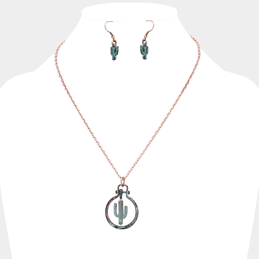 Madeline Love Copper Burnished, Patina Verdigris Cactus Metal Open Circle Pendant Necklace - Jewelry