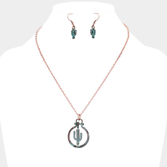 Madeline Love Copper Burnished, Patina Verdigris Cactus Metal Open Circle Pendant Necklace - Jewelry