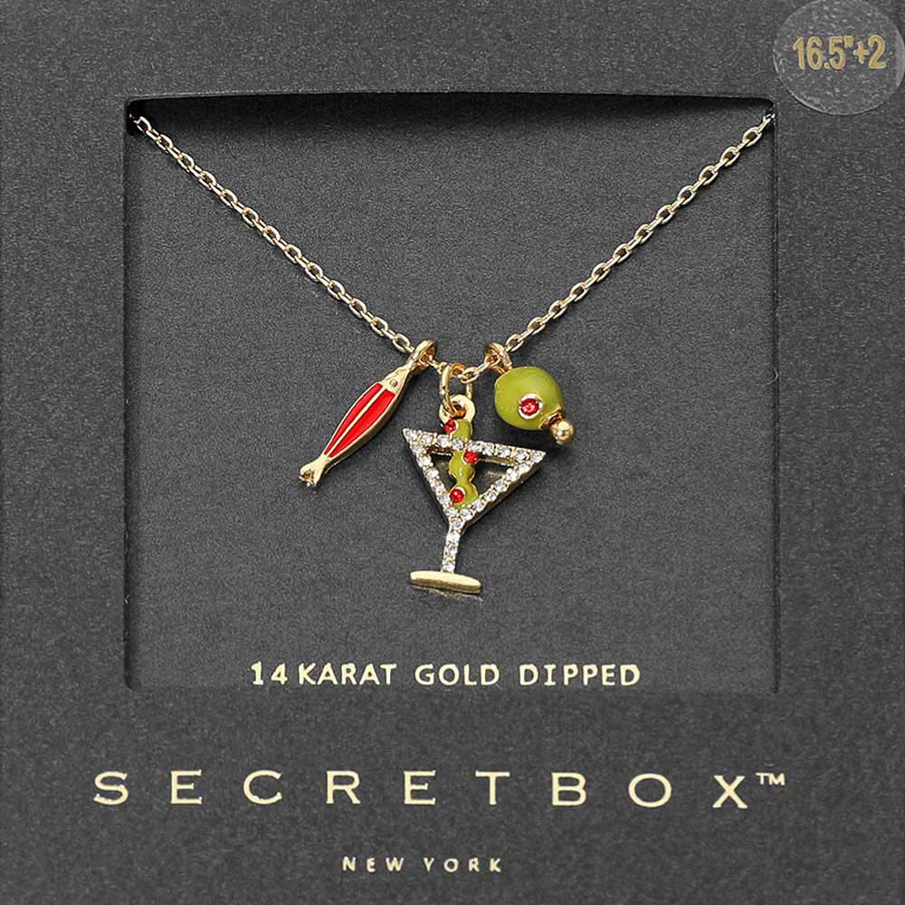 Madeline Love Gold SECRET BOX_14K Gold Dipped Martini Glass Olive Sardine Charm Pendant Necklace - Jewelry