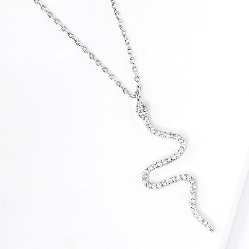 Madeline Love Clear, Rhodium White Gold Dipped CZ Embellished Metal Snake Pendant Necklace - Necklaces