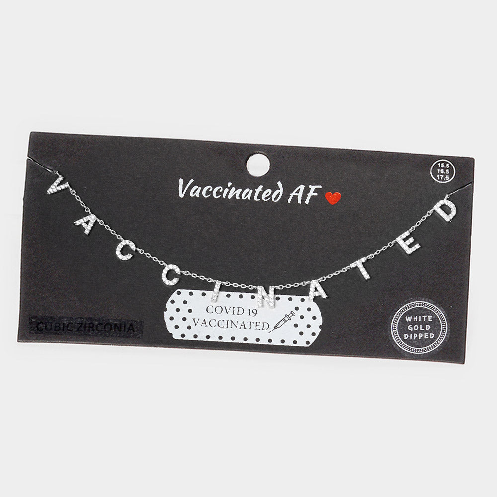 Madeline Love Rhodium VACCINATED CZ White Gold Dipped Message Station Pendant Necklace - Necklaces