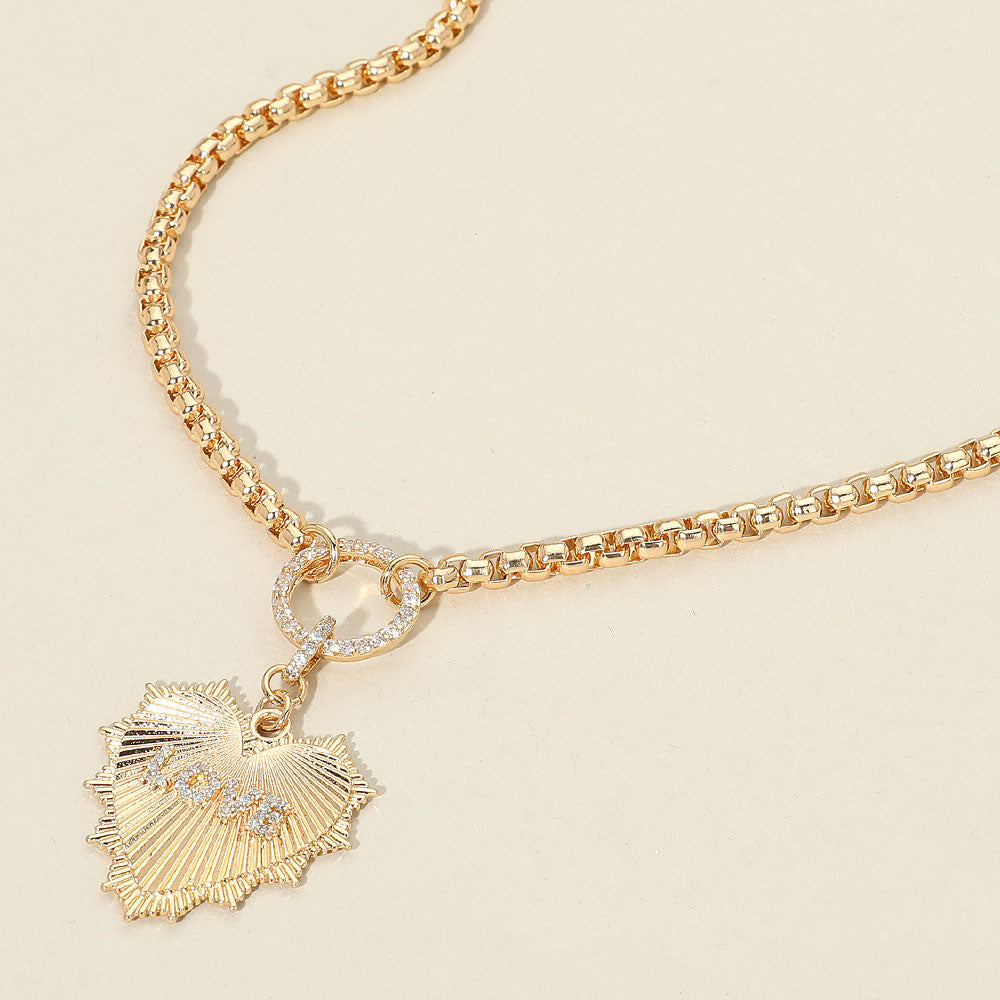 Madeline Love Clear, Gold Rhinestone Paved Circle LOVE Message Accent Textured Metal Heart Pendant Necklace - Necklaces
