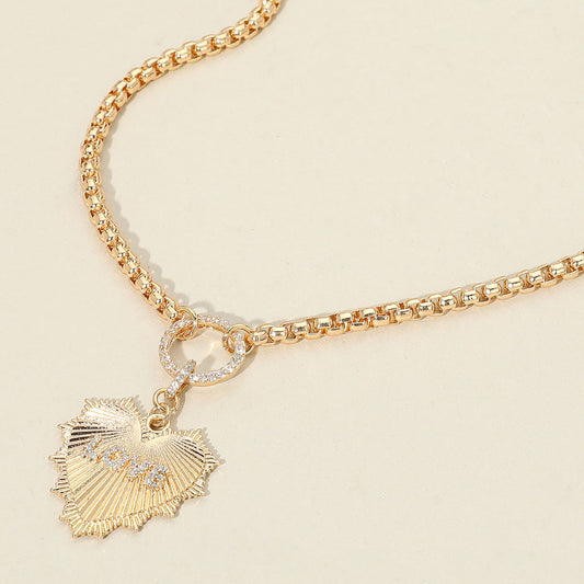 Madeline Love Clear, Gold Rhinestone Paved Circle LOVE Message Accent Textured Metal Heart Pendant Necklace - Necklaces