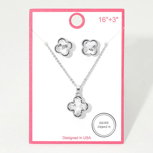 Madeline Love Clear, Rhodium Silver Dipped Quatrefoil Stone Pendant Necklace - Jewelry