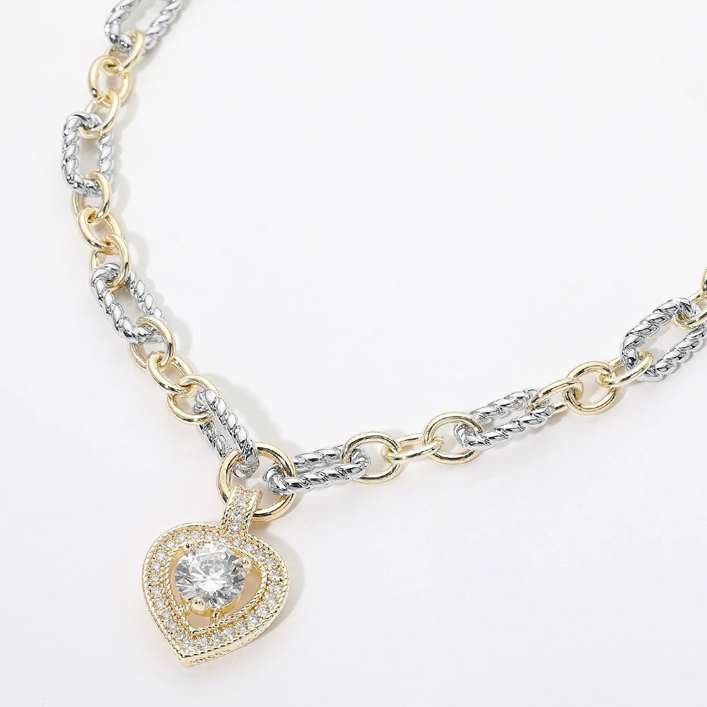 Madeline Love Clear, Two Tone 14K Gold Plated Two Tone Chunky Mixed Link Chain Heart CZ Pendant Necklace