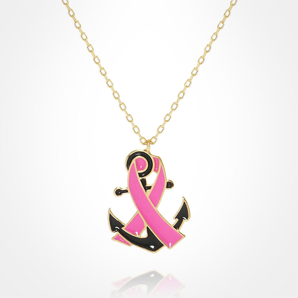 Madeline Love Gold, Pink Gold Dipped Enamel Anchor Pink Ribbon Pendant Necklace - Necklaces