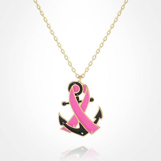 Madeline Love Gold, Pink Gold Dipped Enamel Anchor Pink Ribbon Pendant Necklace - Necklaces