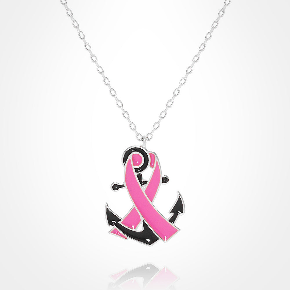 Madeline Love Pink, Rhodium White Gold Dipped Enamel Anchor Pink Ribbon Pendant Necklace - Necklaces
