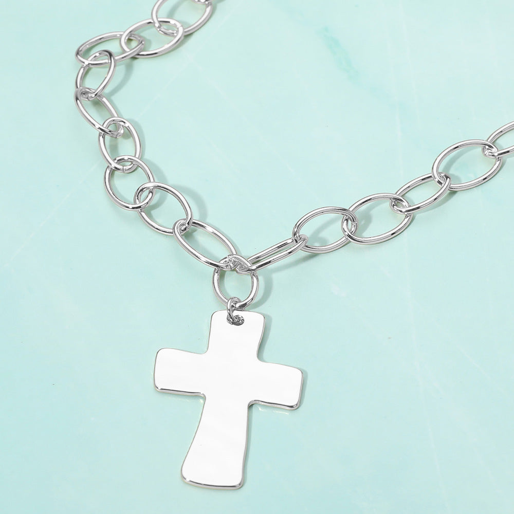 Madeline Love Rhodium 18K Gold Dipped Chunky Cross Pendant Oval Link Chain Statement Necklace - Necklaces