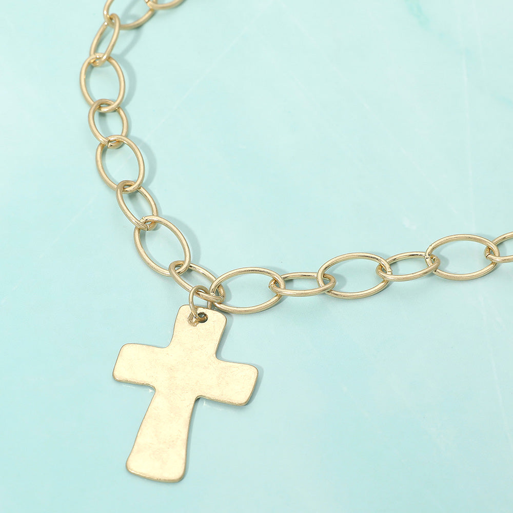 Madeline Love Worn Gold 18K Gold Dipped Chunky Cross Pendant Oval Link Chain Statement Necklace - Necklaces