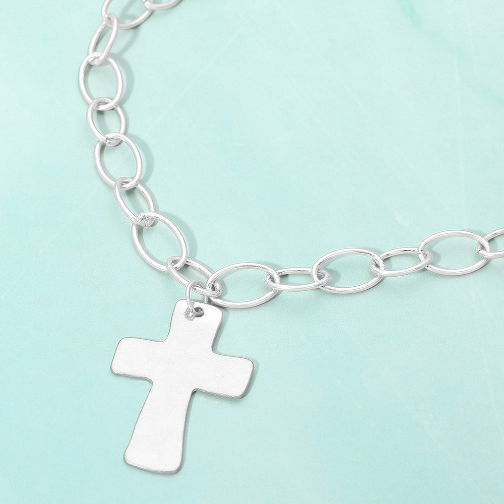 Madeline Love Worn Silver 18K Gold Dipped Chunky Cross Pendant Oval Link Chain Statement Necklace - Necklaces