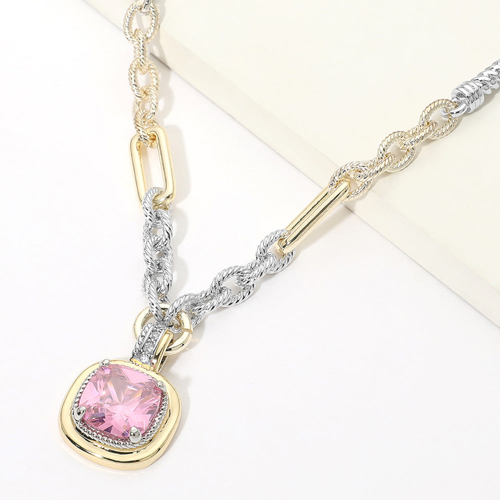 Madeline Love Rose, Two Tone 14K Gold Plated Two Tone CZ Cushion Pendant Necklace