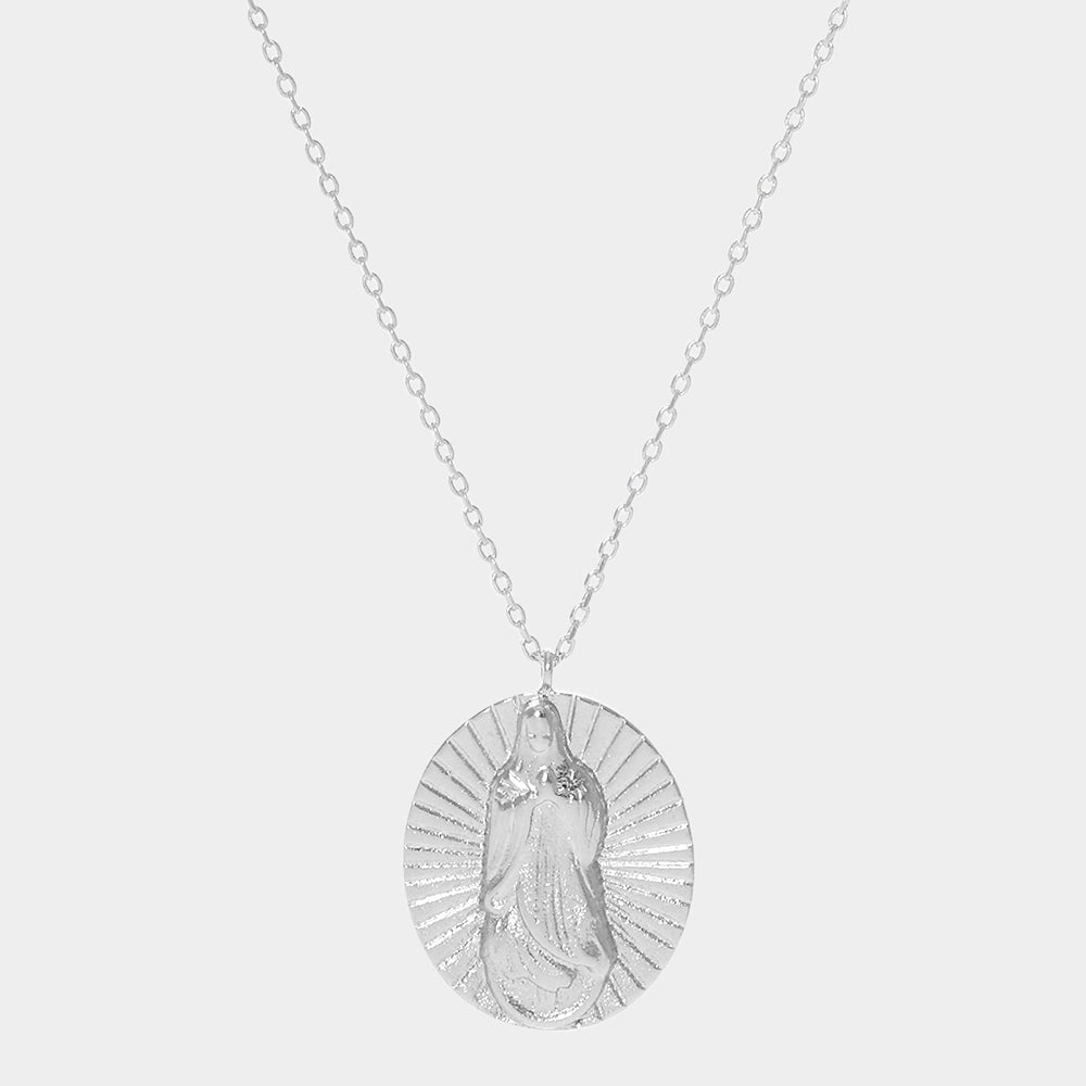 Madeline Love Rhodium White Gold Dipped Virgin Mary Metal Oval Pendant Necklace - Necklaces