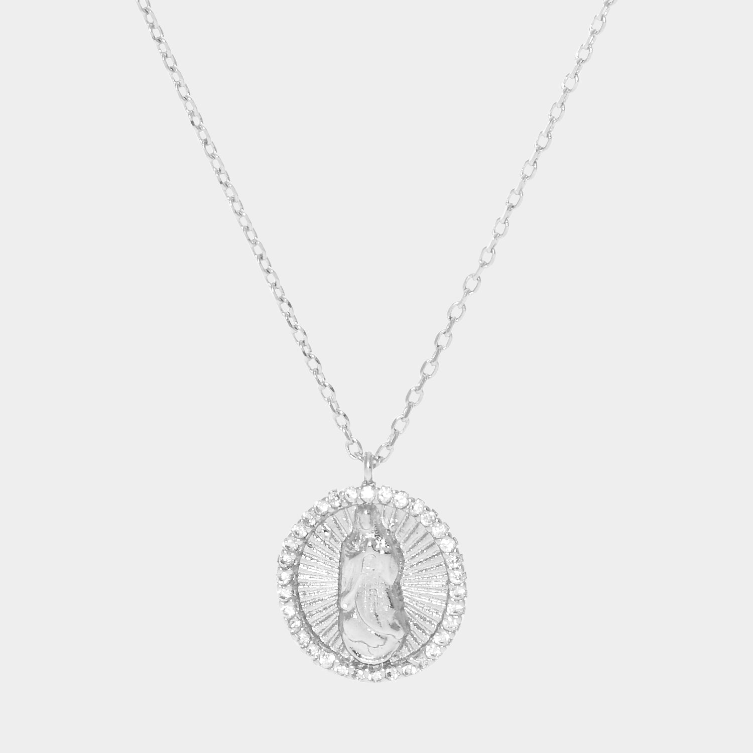 Madeline Love Clear, Rhodium White Gold Dipped CZ Trimmed Virgin Mary Metal Round Pendant Necklace - Jewelry