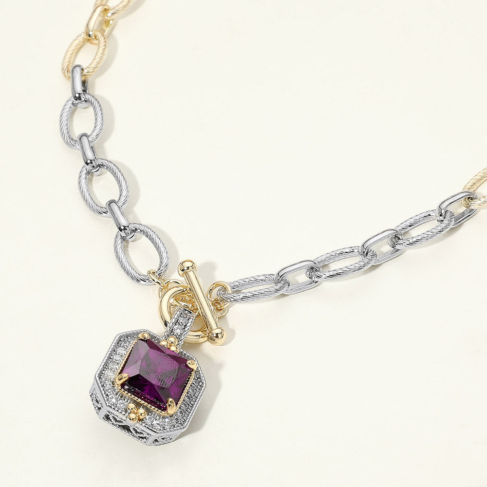 Madeline Love Amethyst , Two Tone 14K Gold Plated Two Tone Chunky Square CZ Pendant Toggle Necklace