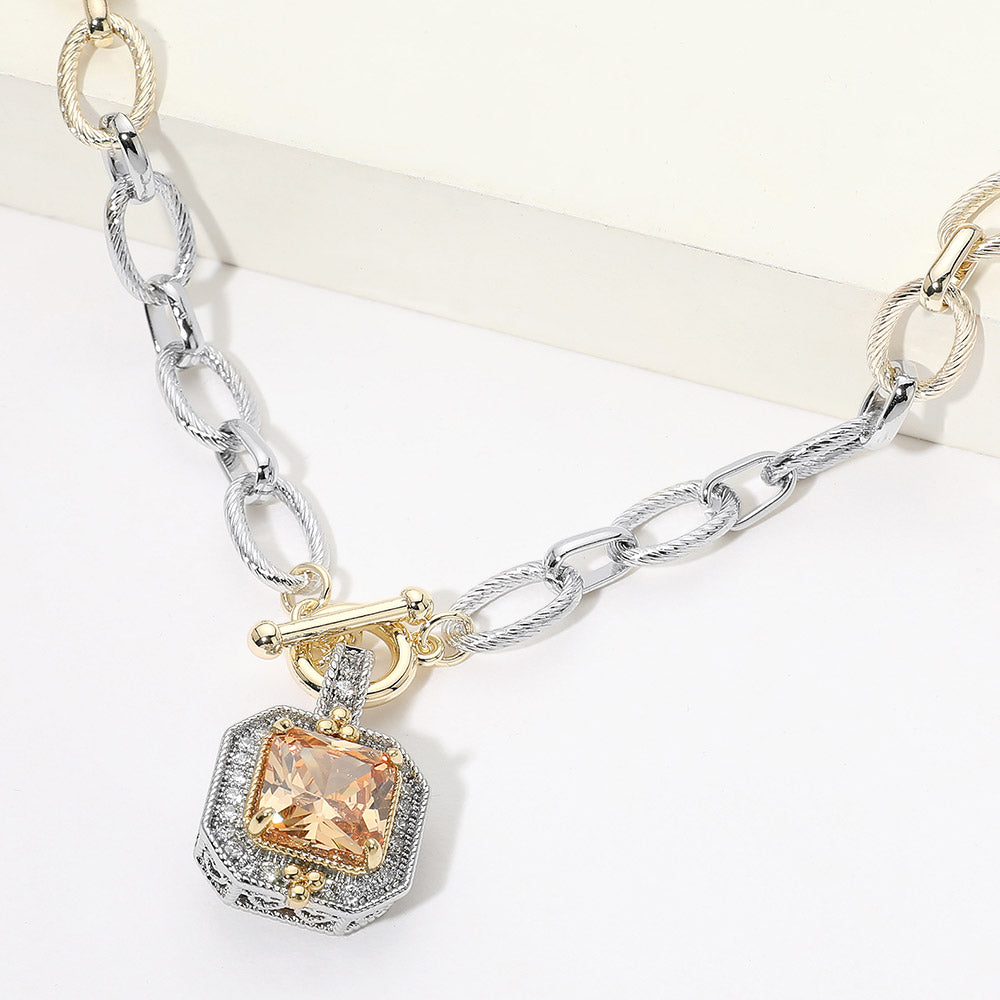 Madeline Love Champagne 14K Gold Plated Two Tone Chunky Square CZ Pendant Toggle Necklace
