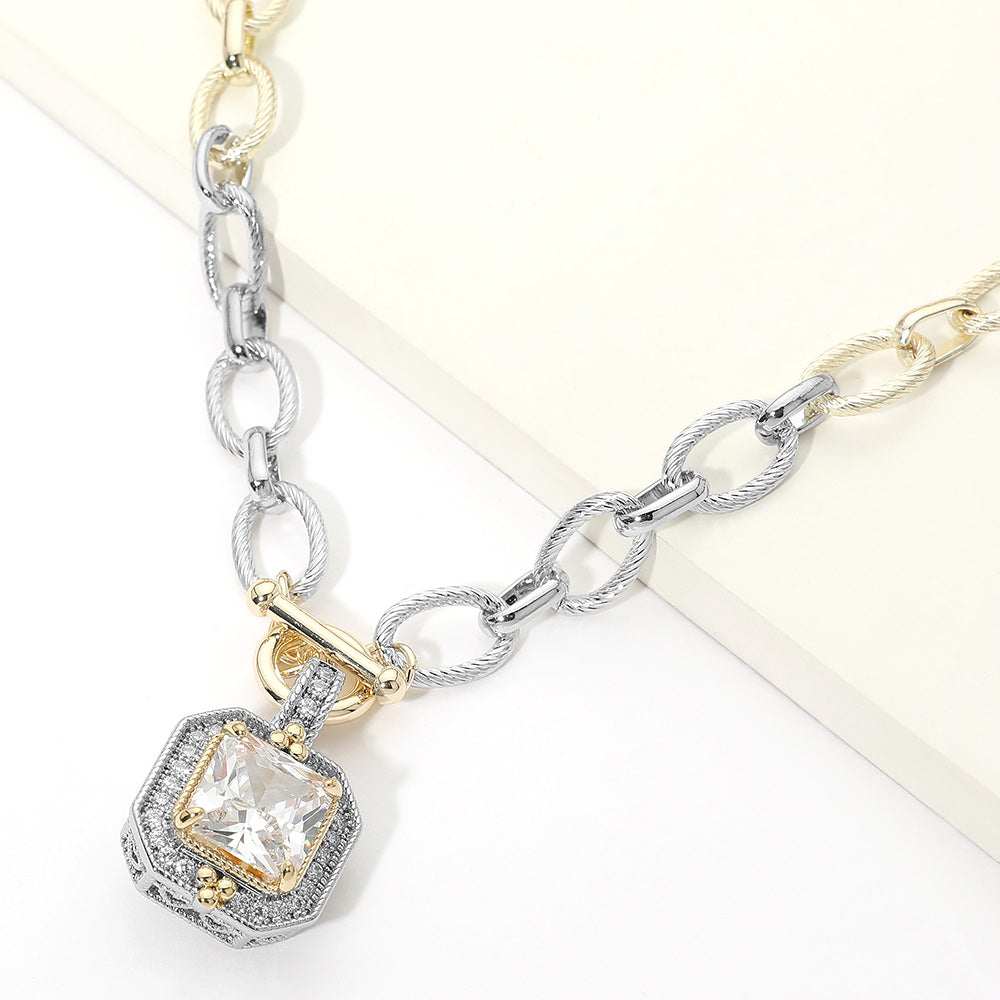 Madeline Love Clear, Two Tone 14K Gold Plated Two Tone Chunky Square CZ Pendant Toggle Necklace
