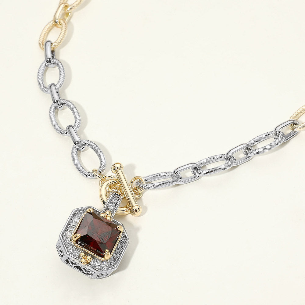 Madeline Love Red, Two Tone 14K Gold Plated Two Tone Chunky Square CZ Pendant Toggle Necklace