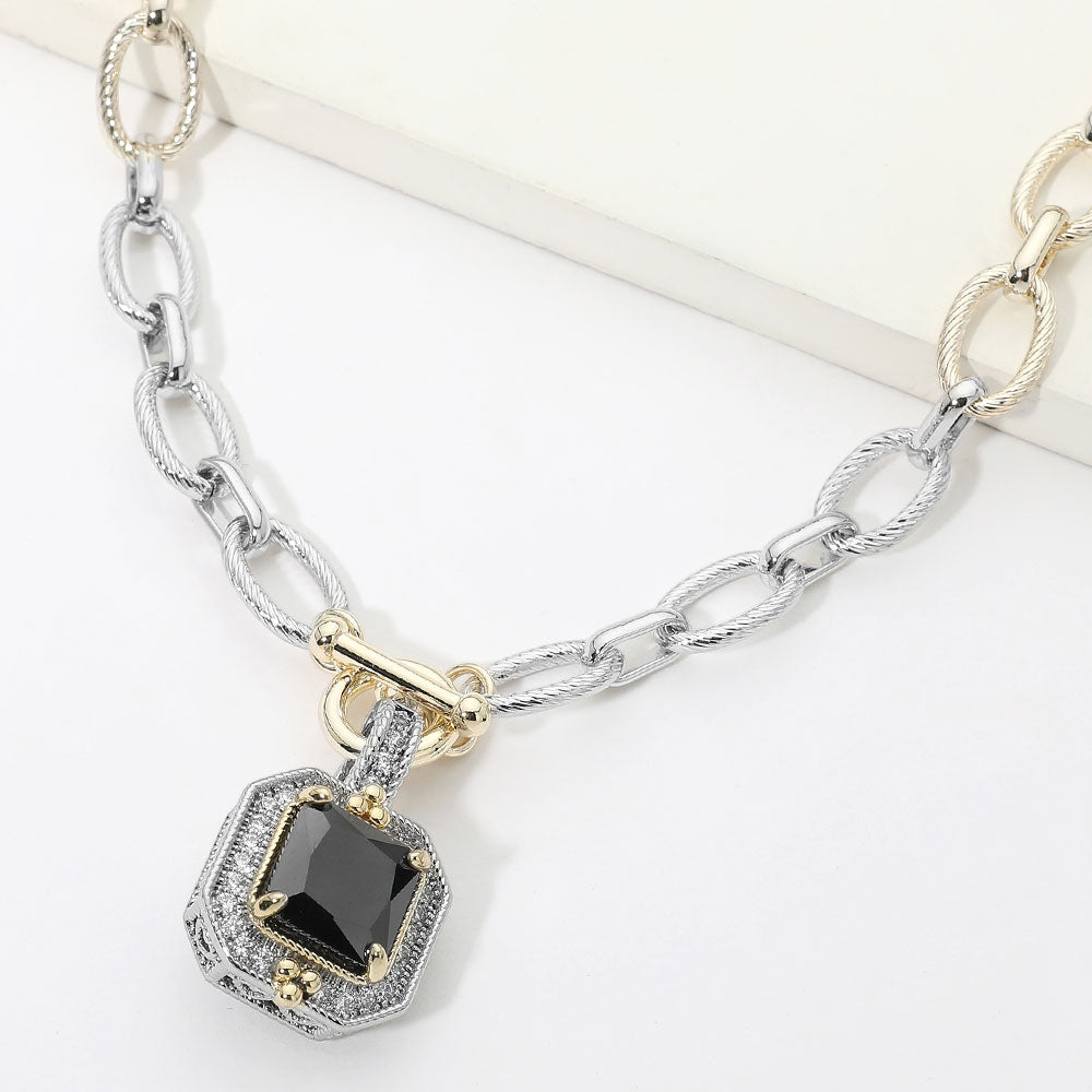 Madeline Love Jet Black, Two Tone 14K Gold Plated Two Tone Chunky Square CZ Pendant Toggle Necklace