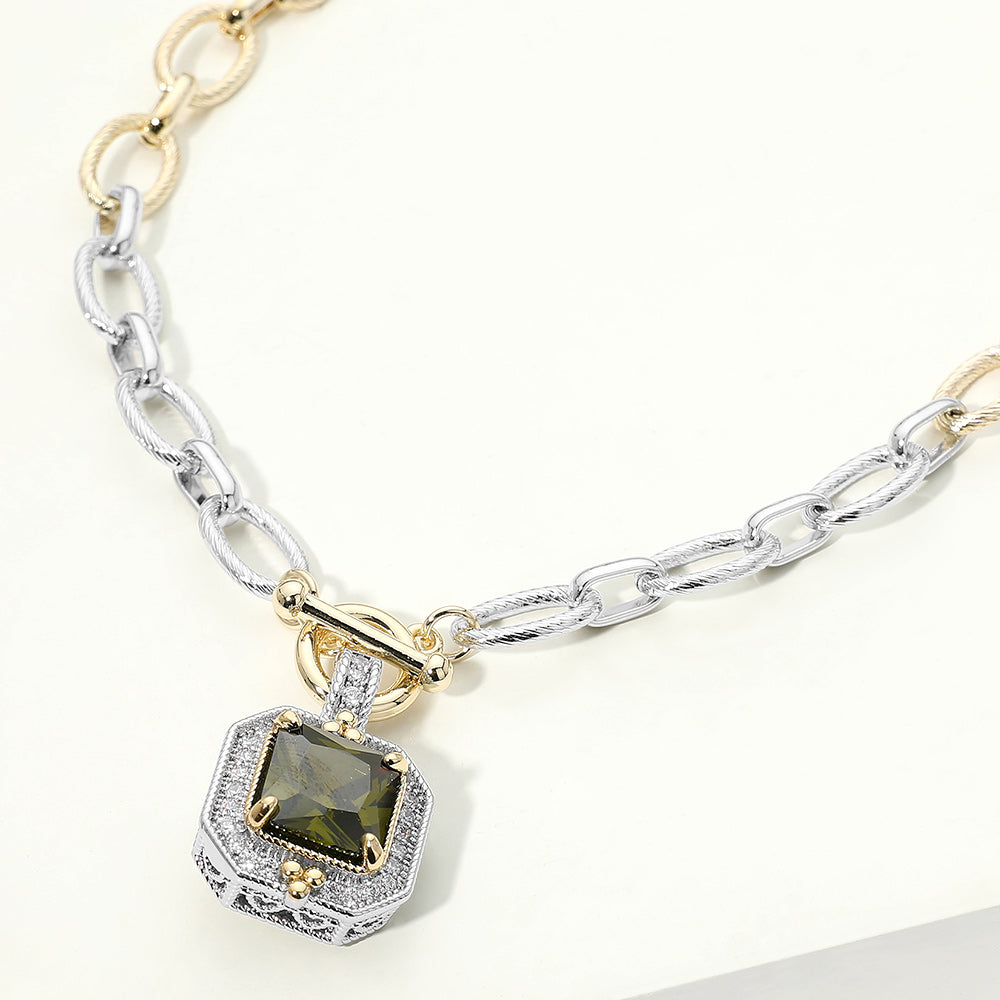 Madeline Love Olive Green 14K Gold Plated Two Tone Chunky Square CZ Pendant Toggle Necklace