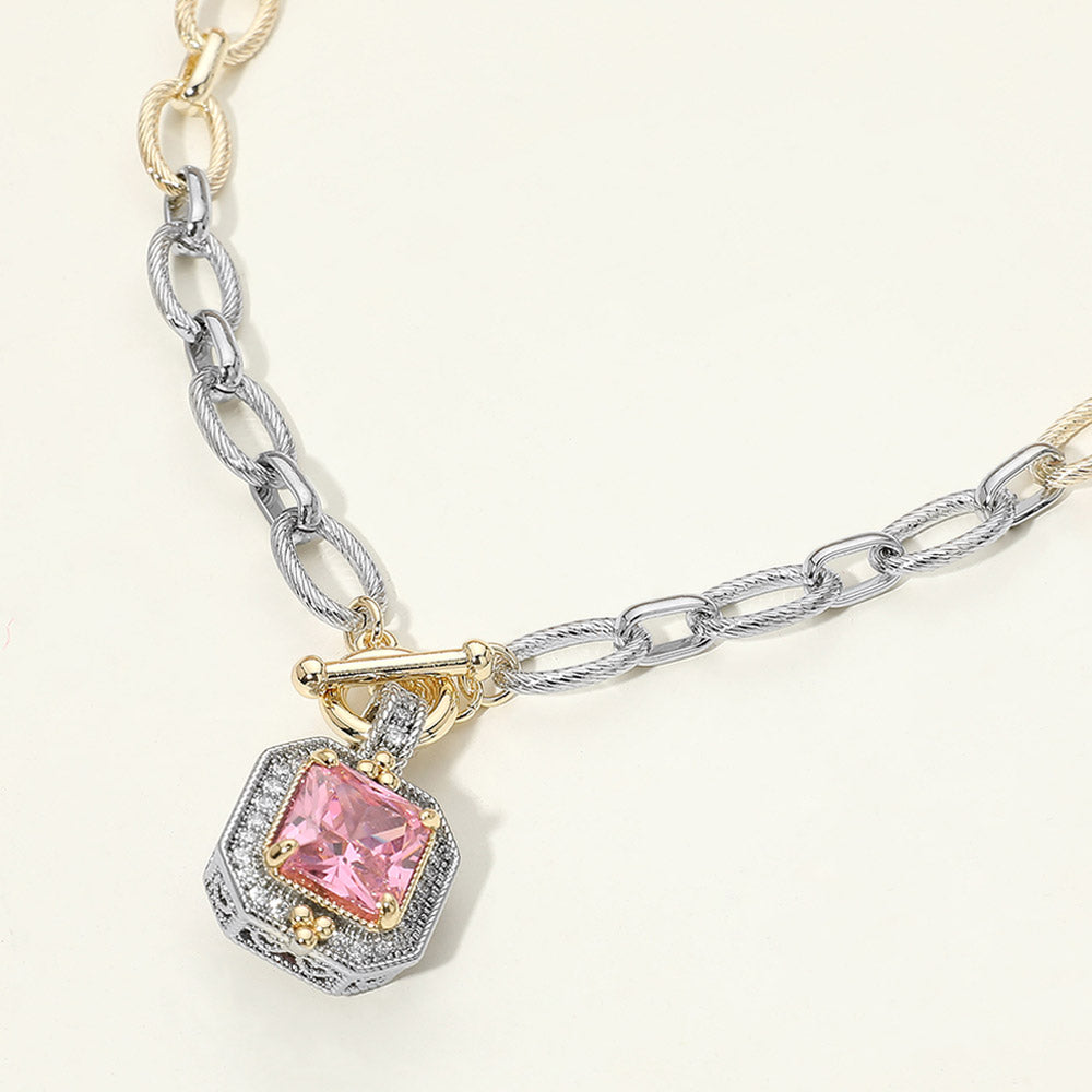 Madeline Love Rose, Two Tone 14K Gold Plated Two Tone Chunky Square CZ Pendant Toggle Necklace
