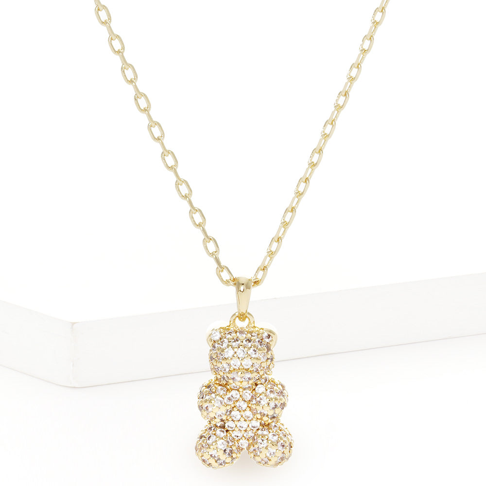 Madeline Love Clear, Gold Gold Dipped CZ Embellished Metal Bear Pendant Necklace - Jewelry