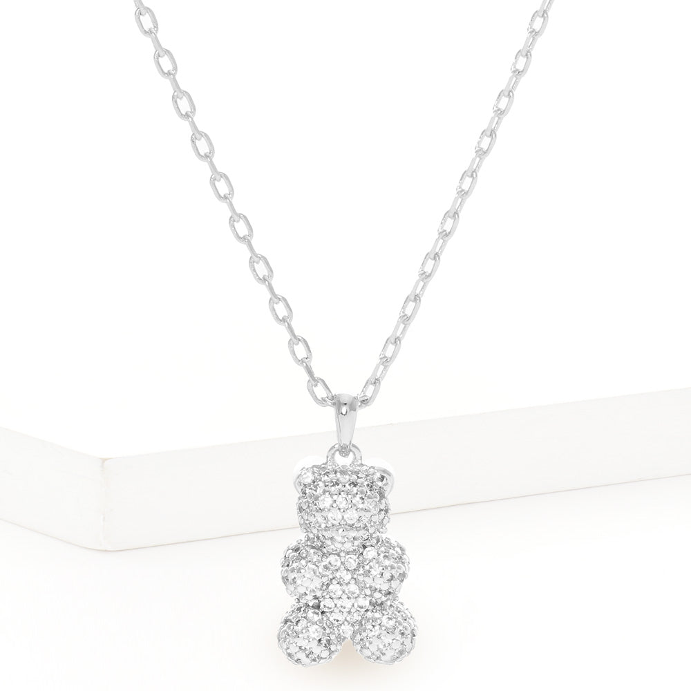Madeline Love Rhodium White Gold Dipped CZ Embellished Metal Bear Pendant Necklace - Jewelry